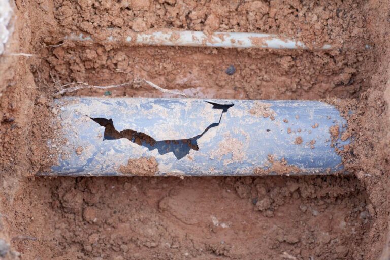 Broken sewer pipe exposed in an excavated trench