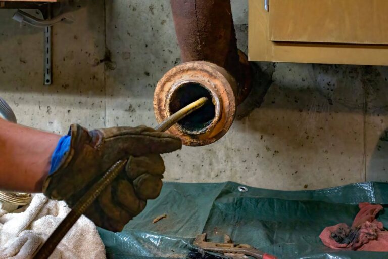Plumber using a drain snake to clear a clogged pipe